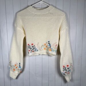 Cropped Floral Embroidered Cream Knit Sweater Lantern Sleeve Boho Cottagecore M